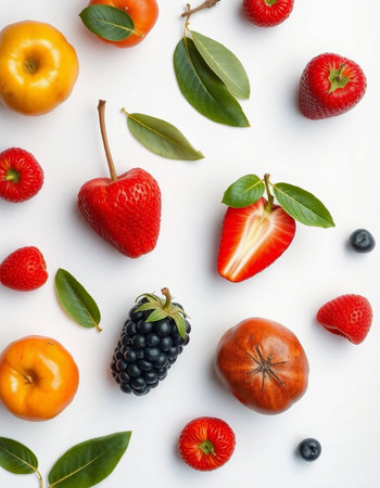 Fruits and berries on a white background. Flat lay, top viewの写真素材