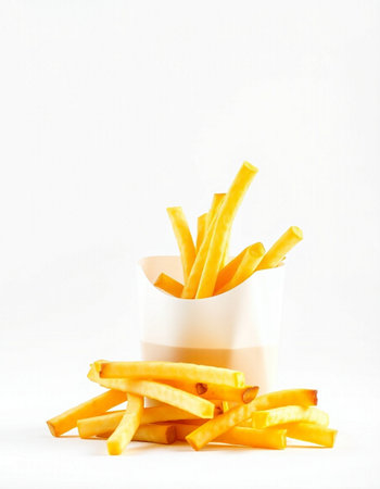 French fries in a paper box on a white background. Fast food.