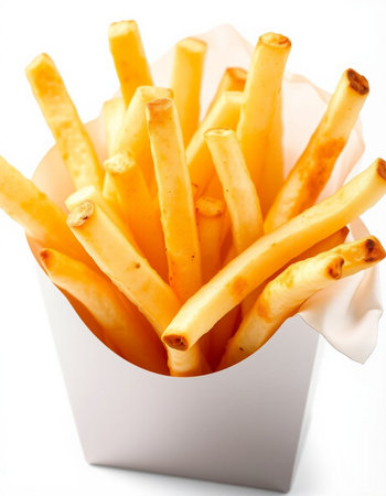 French fries in a paper box on a white background. Selective focus.
