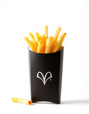 French fries in a black box on a white background. Isolated