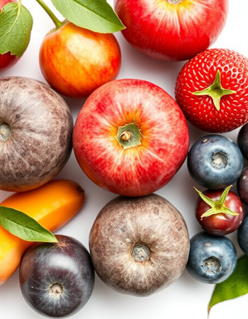 Fruits on a white background, close-up, selective focus.