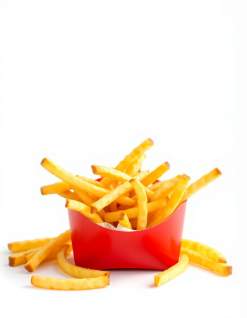 French fries in a red box on a white background. Isolated