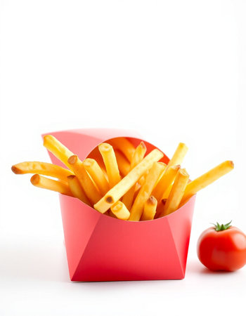 French fries in a red box on a white background. Isolated