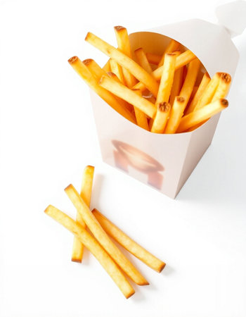 French fries in a white box on a white background close-up