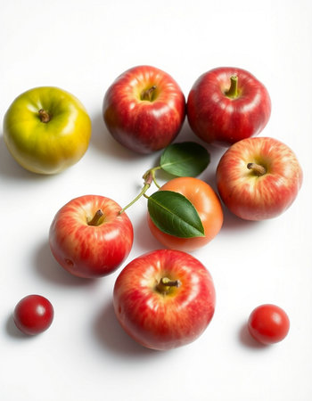 apples and tomatoes on a white background, closeup of photoの写真素材