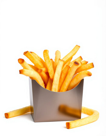 Golden French fries in a metal box isolated on a white background.