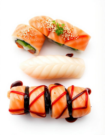 Sushi rolls isolated on white background. Japanese food restaurant menu.の写真素材