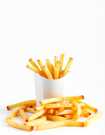 French fries in paper box on white background. Selective focus.
