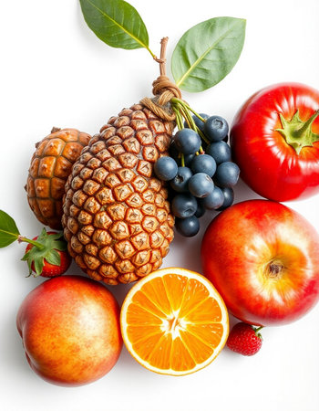 Fresh fruits and vegetables isolated on white background. Healthy food concept.の写真素材