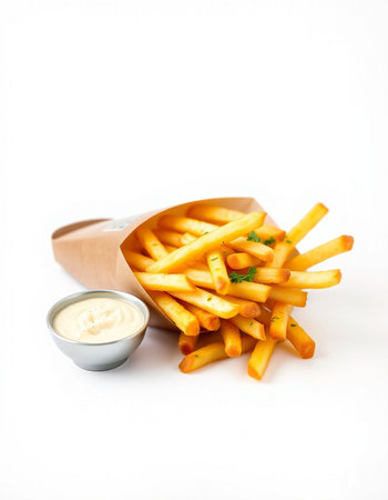 French fries with mayonnaise on a white background. Selective focus.