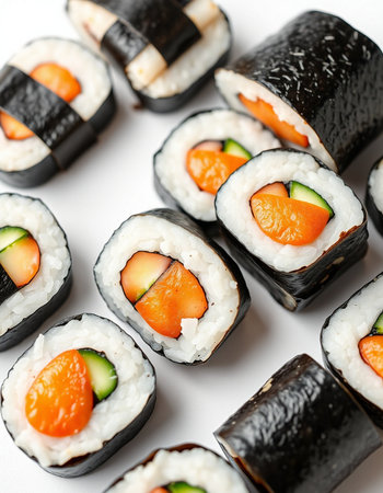 Sushi rolls on a white background, top view. Japanese foodの写真素材