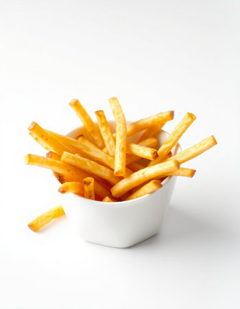 French fries in a white bowl on a white background. Selective focus.