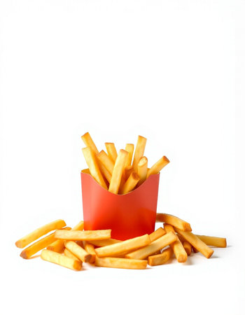 French fries in a red box on a white background. Isolated