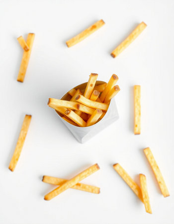 French fries in a paper box on a white background, top view