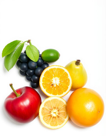Fresh fruits isolated on white background. Healthy food concept. Top view.
