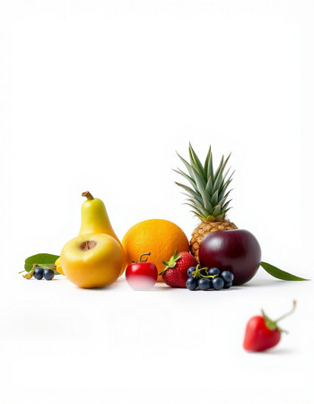 Fruits isolated on white background. Healthy food concept. Fresh fruits with copy spaceの写真素材