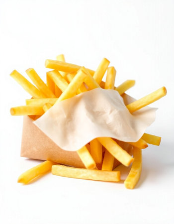 French fries with mayonnaise in a paper bag on a white background