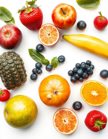 Fruits and berries on white background. Flat lay, top view