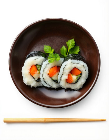 Sushi rolls in brown plate with chopsticks isolated on white backgroundの写真素材