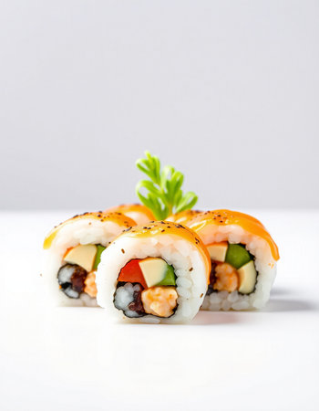 Sushi roll with salmon, avocado and cucumber on white backgroundの写真素材