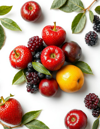 Fruits and berries on white background, top view. Healthy foodの写真素材
