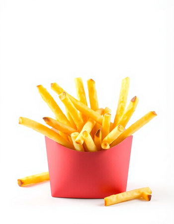 French fries in a red box on a white background. Isolated