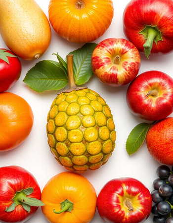 Fresh fruits and vegetables isolated on white background. Healthy food concept.