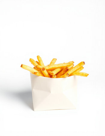 French fries in a white box on a white background. Isolated
