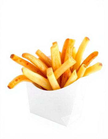 French fries in a white box on a white background. Isolated