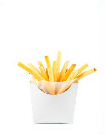 French fries in a paper box on a white background. Isolated