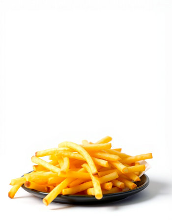 Golden French fries potatoes on a black plate isolated on white background.