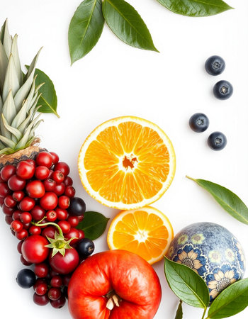 Fruits and berries on white background. Flat lay, top view