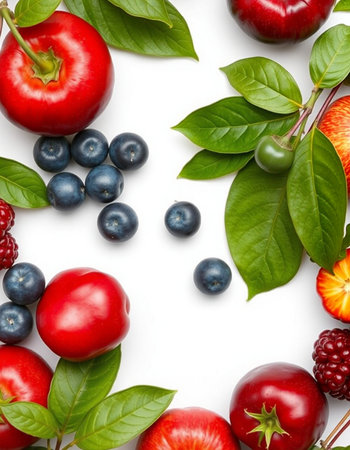 Fresh fruits and berries with leaves isolated on white background. Top view. Flat lay pattern.
