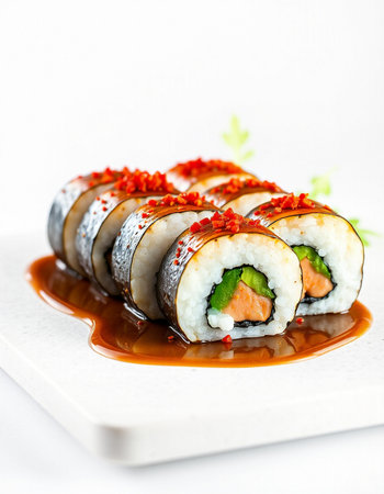 Japanese Cuisine - Sushi Roll with Salmon, Cream Cheese and Raw Salmon inside