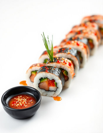 Sushi rolls on a white background. Sushi rolls with salmon, avocado, cucumber, cream cheese and red...