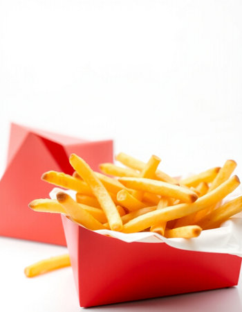 French fries in red box on white background. Selective focus.