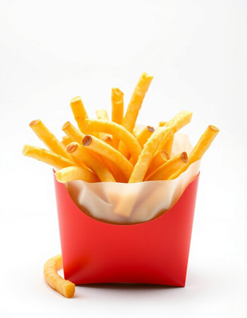 French fries in a red box on a white background. Isolated