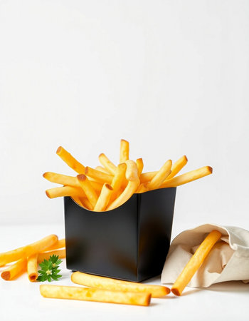 French fries in paper box on white background. Copy space for text.