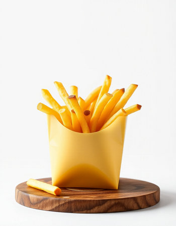 French fries in a yellow paper box on a wooden stand on a white background