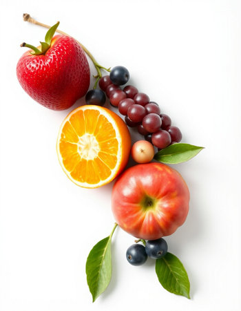 Fruits and berries on white background, top view. Healthy foodの写真素材