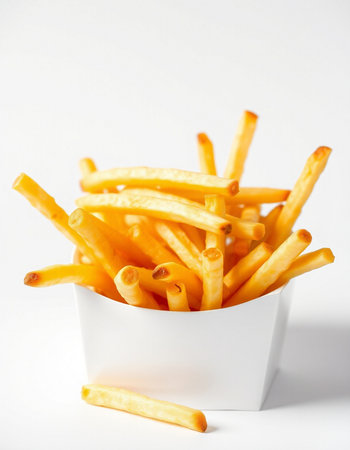 French fries in a white bowl on a white background. Close-up.