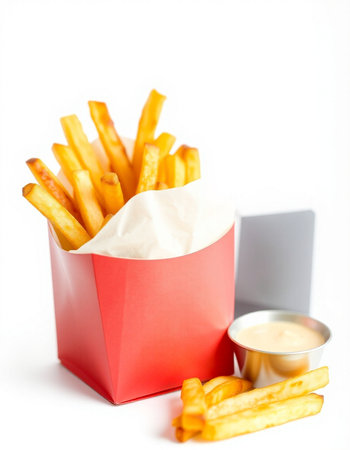 French fries in a red paper box with sauce on a white backgroundの写真素材