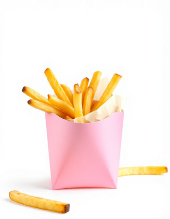 French fries in a pink paper box isolated on a white background.