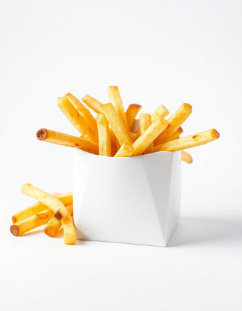 French fries in a white box on a white background. Selective focus.