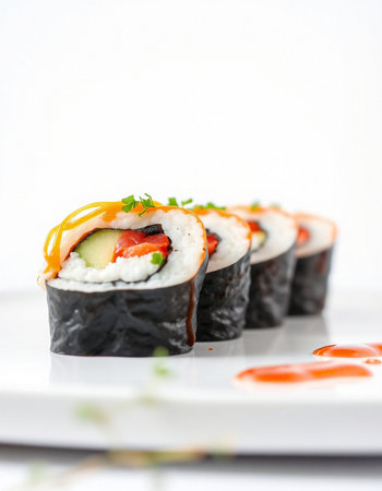 Sushi roll with salmon, cucumber, avocado and cream cheeseの写真素材