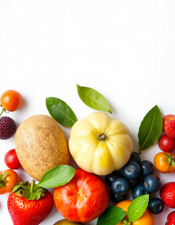 Healthy fruits and vegetables on white background. Top view, copy spaceの写真素材