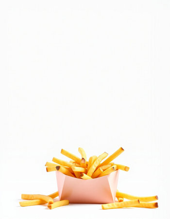 Golden French fries in a pink paper box on a white background.