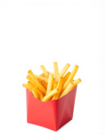 French fries in red box isolated on white background. Fast food.