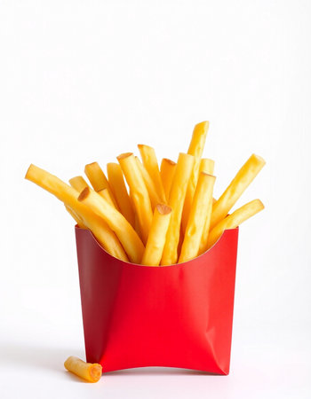 French fries in a red box on a white background. Selective focus.
