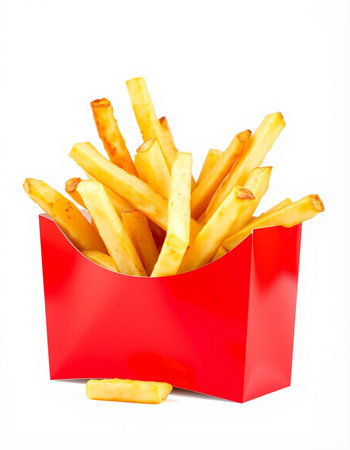 French fries in a red box on a white background. Isolated